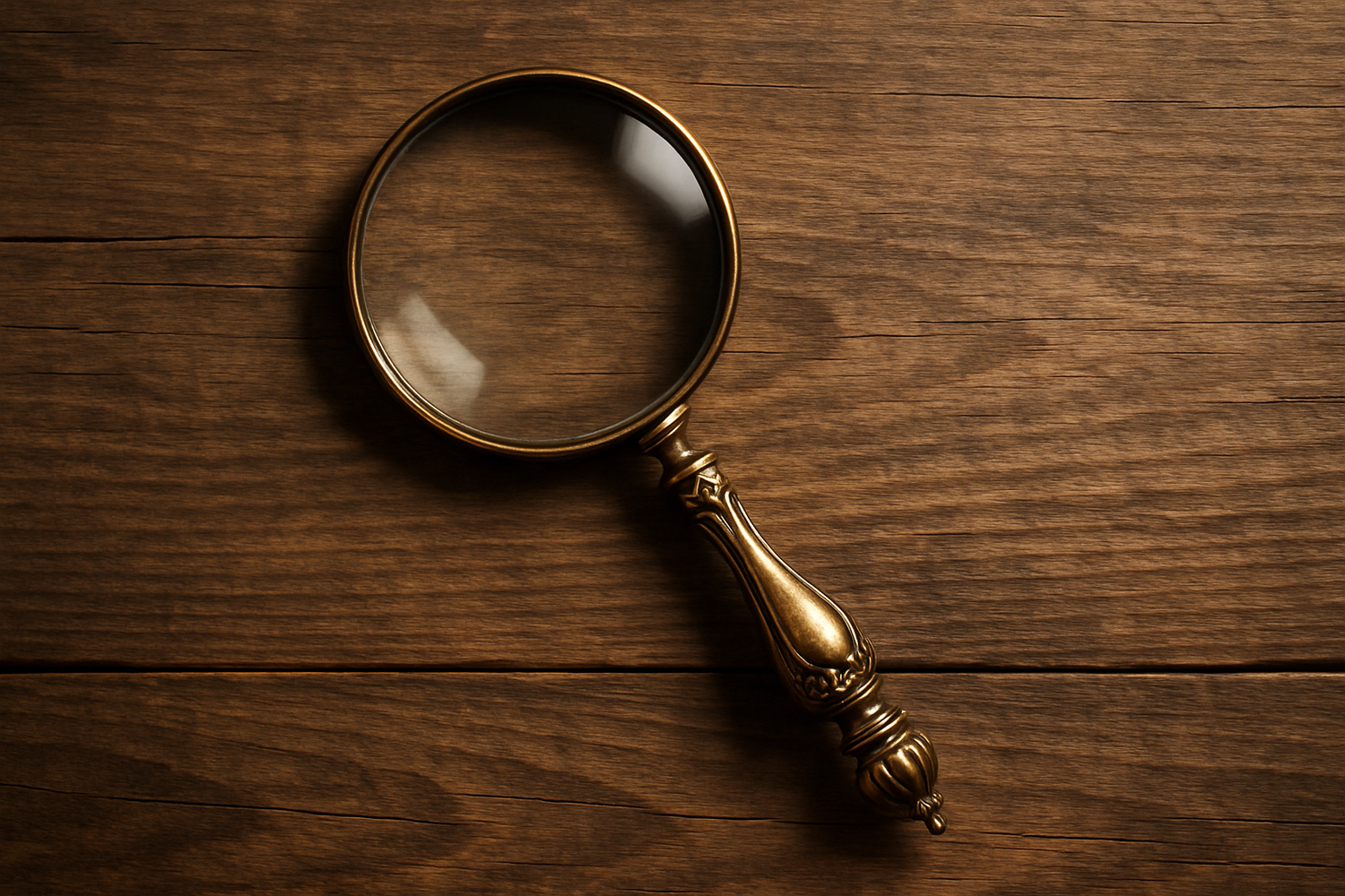 génère une photo de loupe vintage pour étudier un objet avec un fond de bois