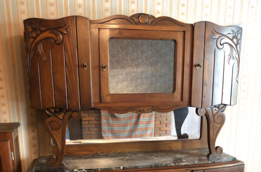 Haut de Vaissellier Meuble en chêne Massif Sculpté avec vitre en Verre Cuisine Vintage Art Deco XXe Collection