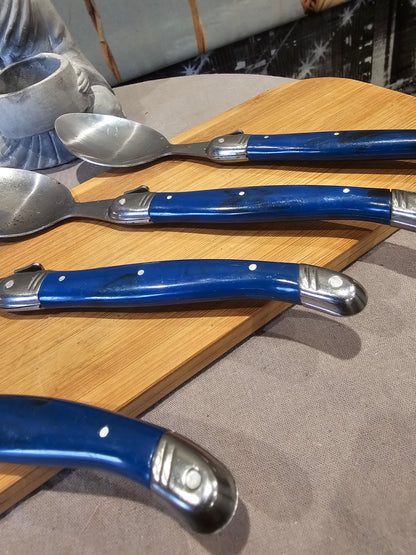 Couverts de Luxe x4 cuillères à soupe Laguiole Bleus Dorés XXe collection Inox France