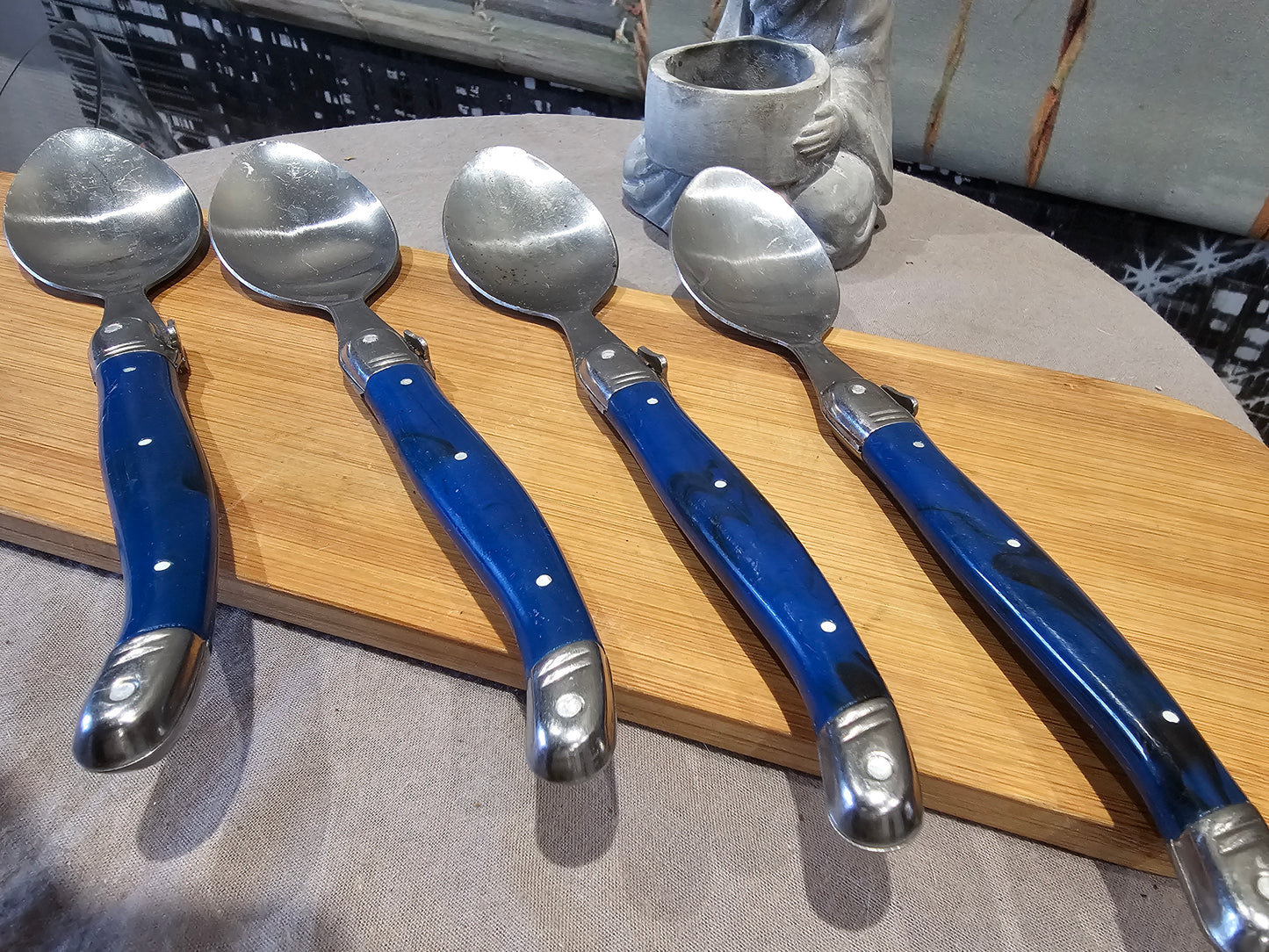 Couverts de Luxe x4 cuillères à soupe Laguiole Bleus Dorés XXe collection Inox France