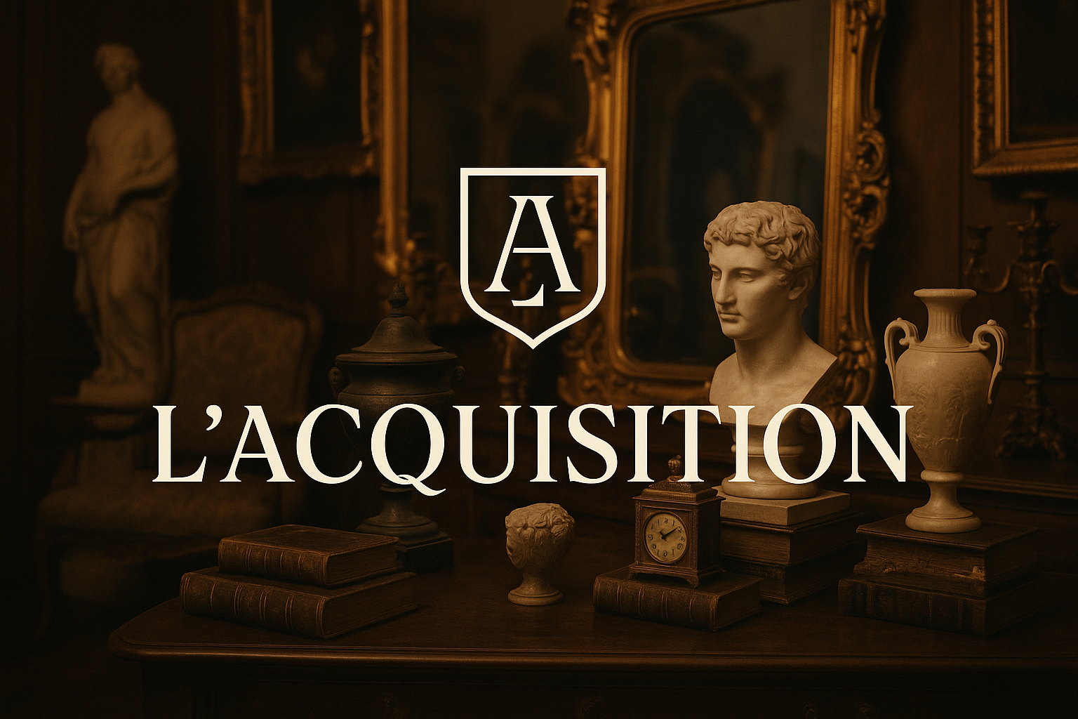 une image de marque  avec mon nom l'acquisition et mon logo et en fond des antiquités 